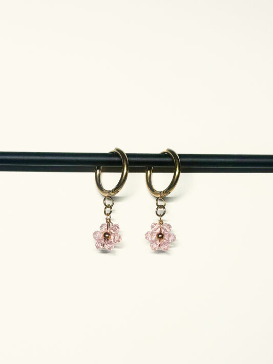 Boucles d'Oreilles en Acier Inoxydable, Fleur Perlée Rose